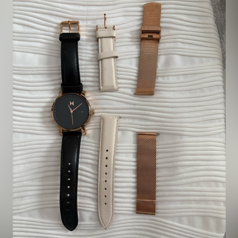 MVMT Black and Gold Watch with Cream and Gold Straps